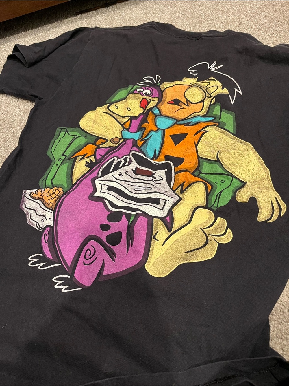 Black Cartoon Graphic Tee with Fred & Dino Illustration